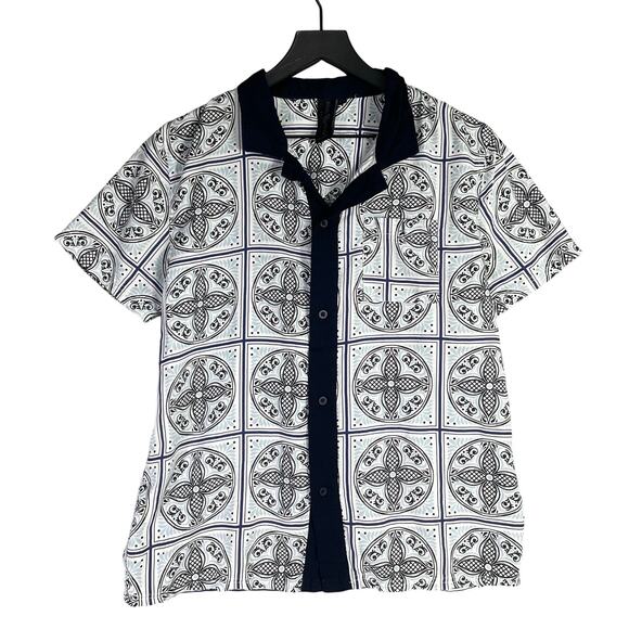 Soul Star Goodman Tile Print Button Shirt Mens M Short Sleeve Navy Collar Casual - Picture 2 of 9